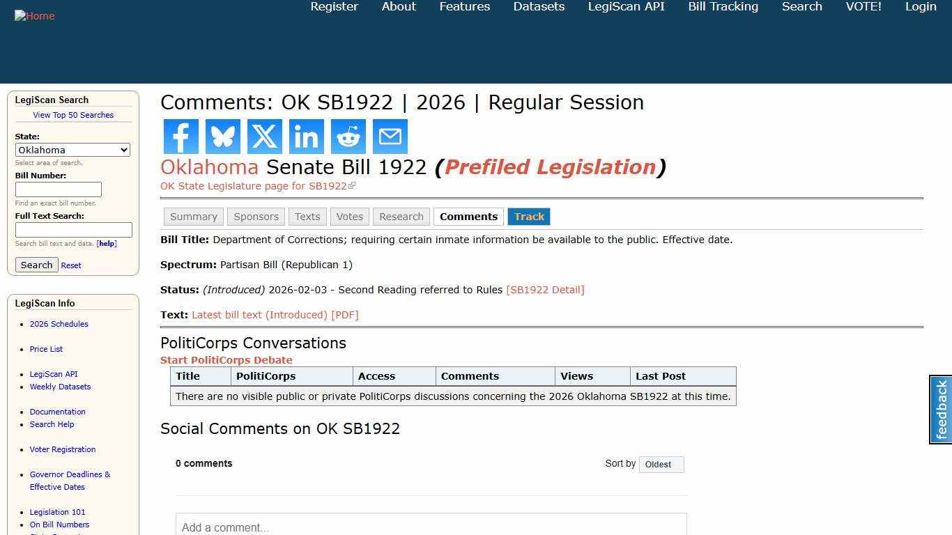 Comments: OK SB1922 2026 Regular Session LegiScan